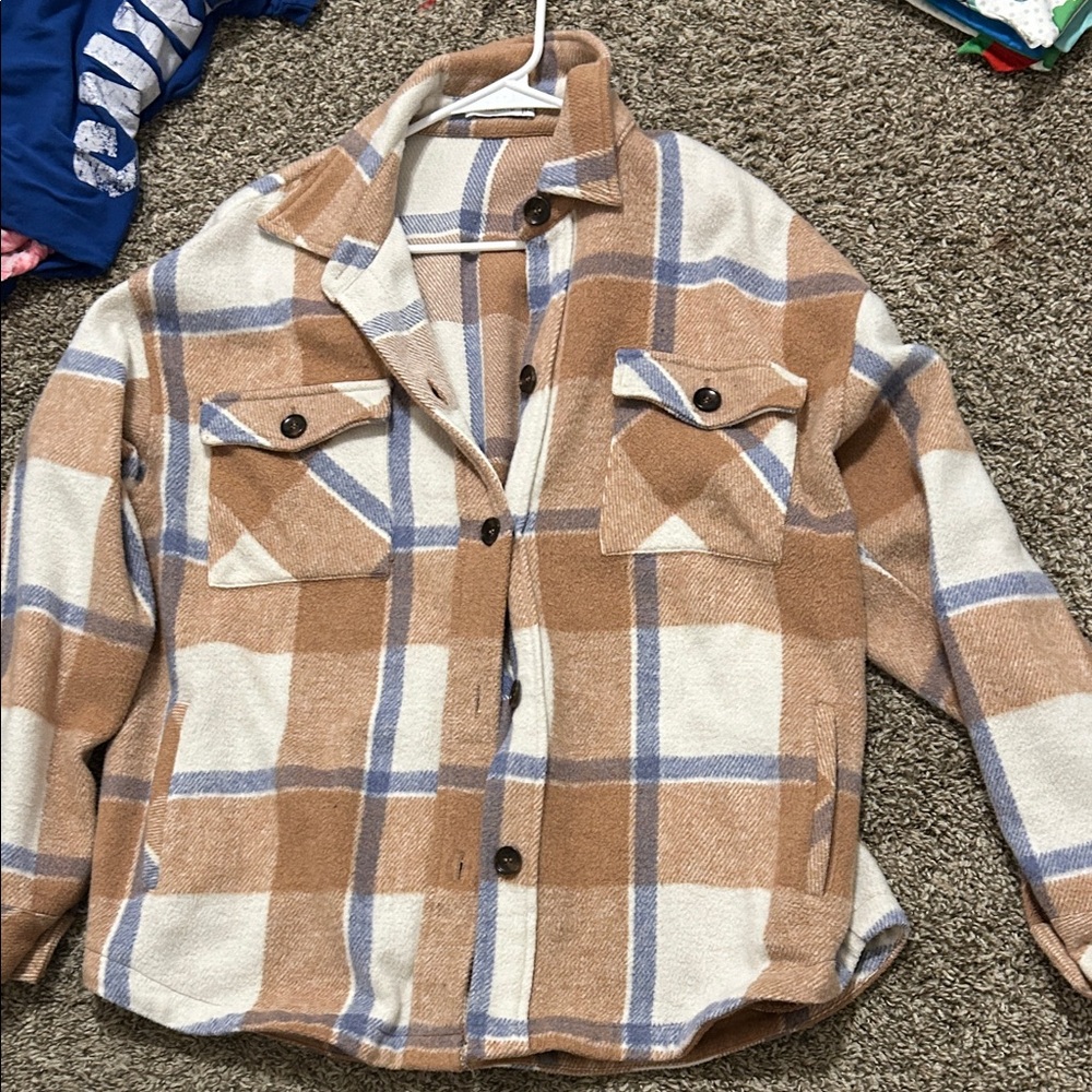 Staccato Tan and Blue Plaid Button-Up Top